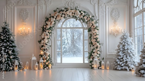 An elegant holiday interior features a luxurious white arch window, a floral arch with white and peach roses, decorative Christmas trees, and soft warm lighting, creating a festive, romantic atmospher