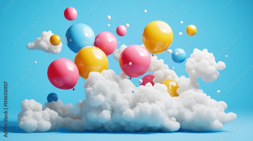 Celebratory balloon arrangement, shiny sphere balloons in pink blue yellow red, light airy composition, scattered dots, playful party decoration, white puffy clouds, professional event announcement
