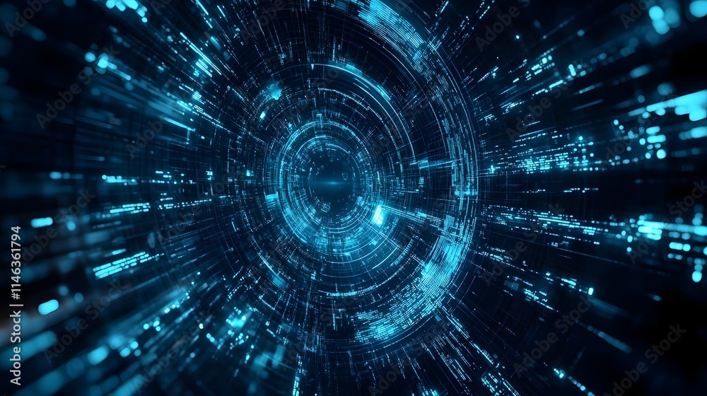 Fototapeta premium Abstract digital tunnel with glowing particles representing technology and data flow.
