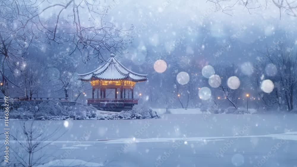 Traditional pavilion by snowy frozen lake with soft snow falling. Winter concept Seamless looping 4k time-lapse animation video background Traditional pavilion by snowy frozen lake with soft snow falling. Winter concept Seamless looping 4k time-lapse animation video background