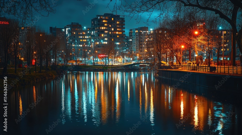Fototapeta premium Nighttime Cityscape with Illuminated Buildings and Reflective Water Surface, Showcasing Urban Life and Modern Architecture in a Serene Setting
