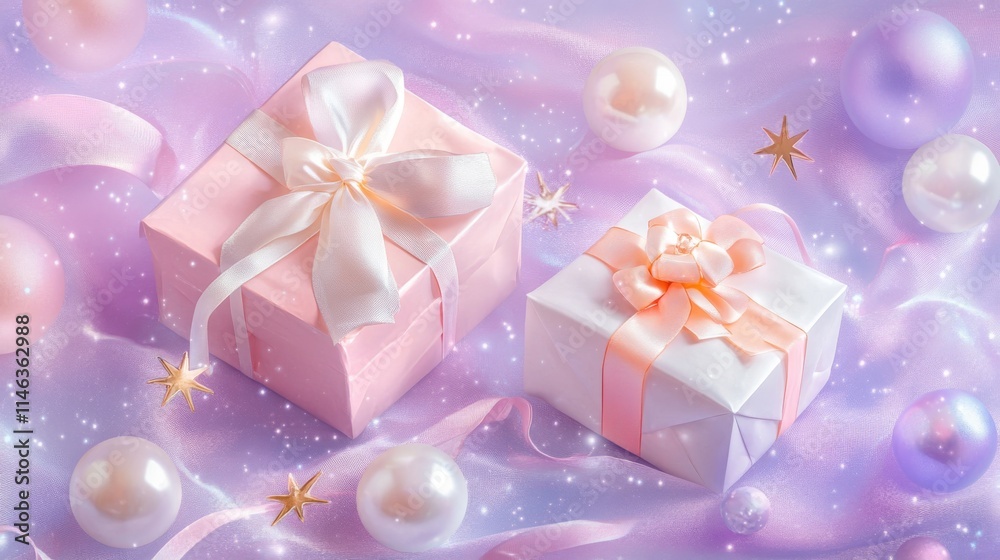 Magical floating presents, split pastel composition, bubblegum pink box with satin ribbon, pearl white gift with rose bow, marigold star accents, periwinkle orbs, lilac curved elements, ethereal Magical floating presents, split pastel composition, bubblegum pink box with satin ribbon, pearl white gift with rose bow, marigold star accents, periwinkle orbs, lilac curved elements, ethereal