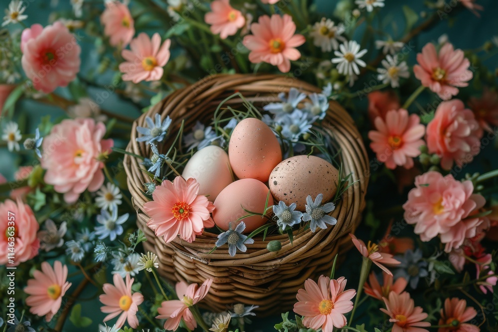 Eggs in a basket with flowers on a table, easter Eggs in a basket with flowers on a table, easter