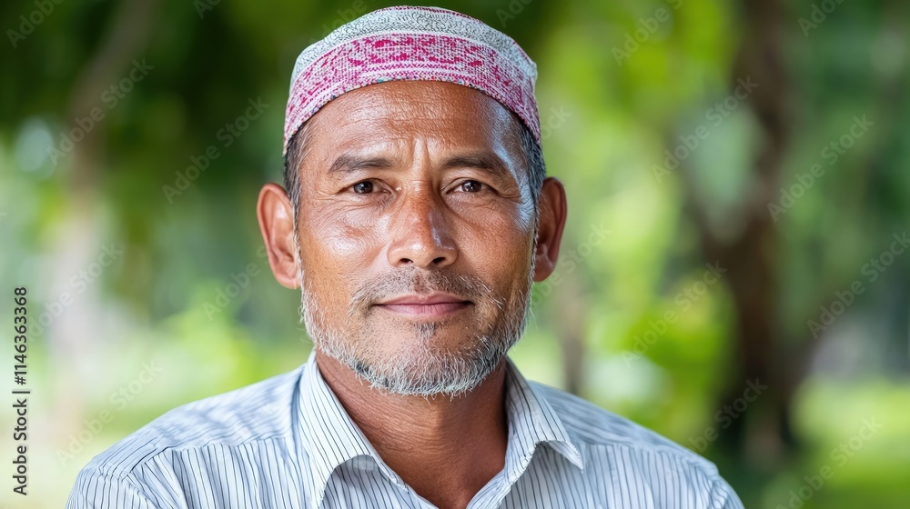 Portrait of a calm middle-aged man wearing a kufi. Portrait of a calm middle-aged man wearing a kufi.