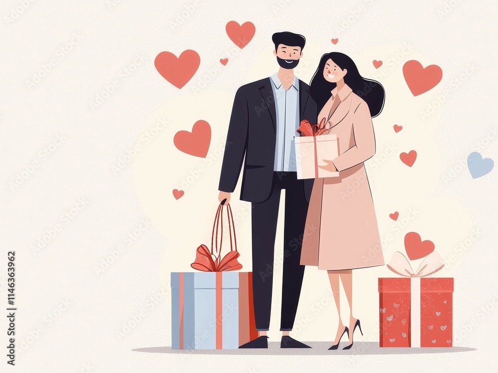 valentine sale couples luxury concept, A couple stands together, holding gifts, surrounded by hearts, celebrating love and joy in a warm, cheerful illustration. valentine sale couples luxury concept, A couple stands together, holding gifts, surrounded by hearts, celebrating love and joy in a warm, cheerful illustration.