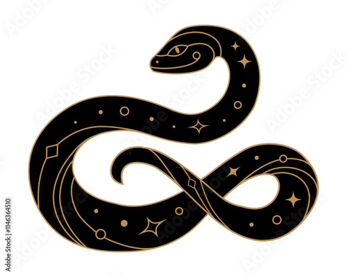 Mystical black snake with golden geometric design elements. Symbol of Chinese New Year 2025. Vector illustration isolated on transparent background