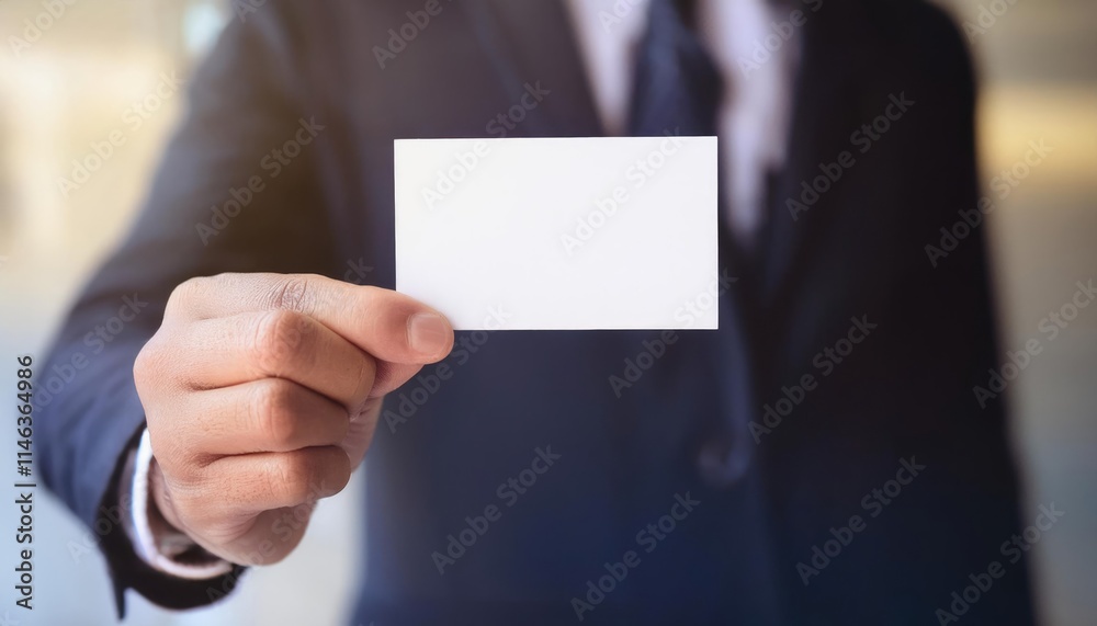 Hand holds a blank white name card in a professional setting Hand holds a blank white name card in a professional setting