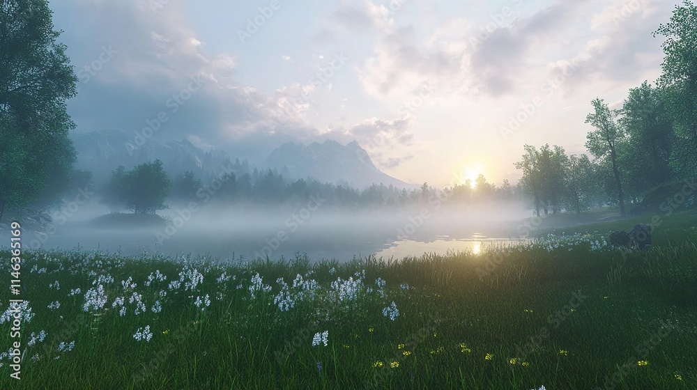 Fototapeta premium A quiet meadow surrounded by mist, with the first light of day piercing through the fog