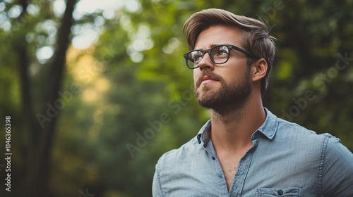 Pensive man wearing glasses looking up in a forest