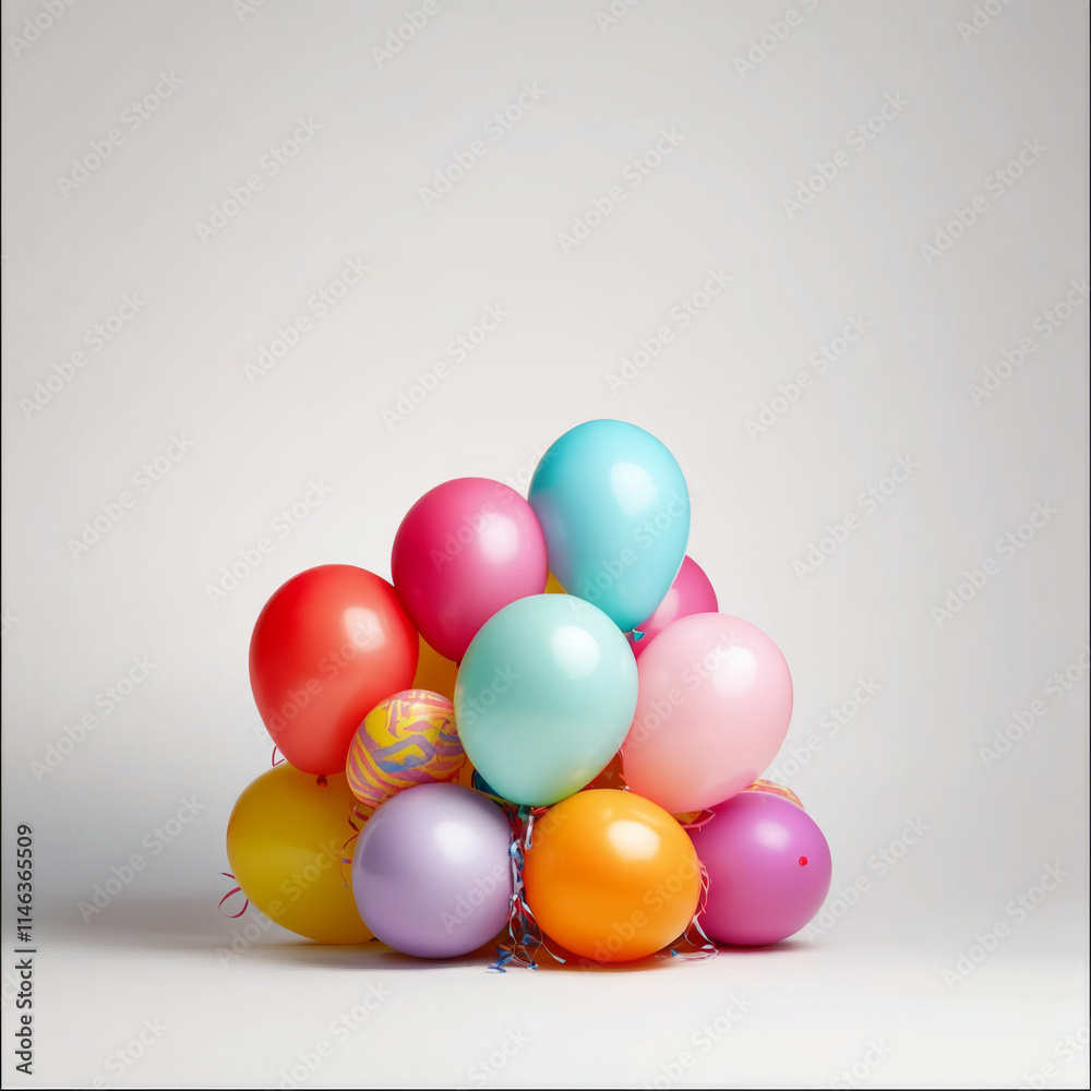 Colorful balloons in various shades stacked together, creating festive and cheerful atmosphere. Perfect for celebrations, parties, and events