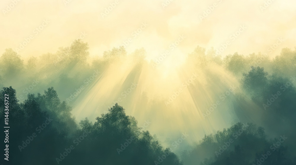 Fototapeta premium A serene forest scene with soft light rays filtering through trees.