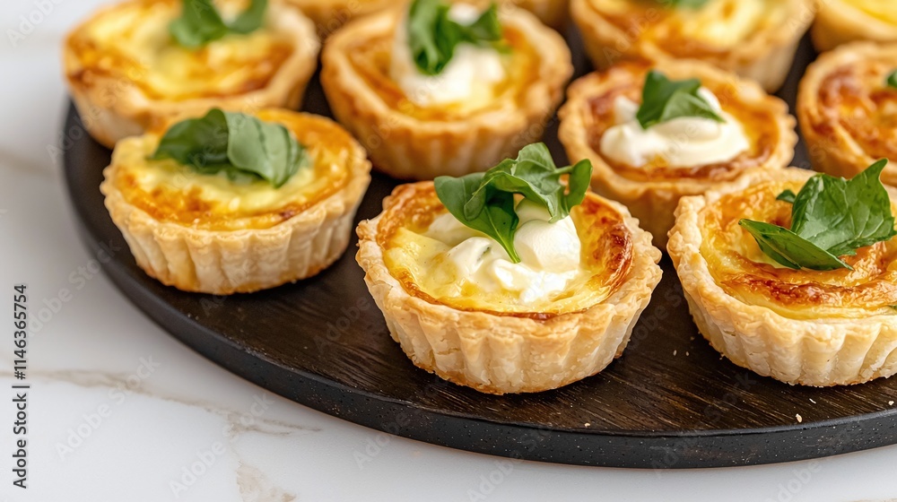Savory Mini Quiches with Basil Garnish on Dark Tray Savory Mini Quiches with Basil Garnish on Dark Tray