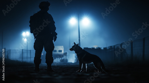 soldier and K9 dog are silhouetted against bright floodlights at night, standing in fenced area with military vehicle in background, evoking sense of vigilance and duty