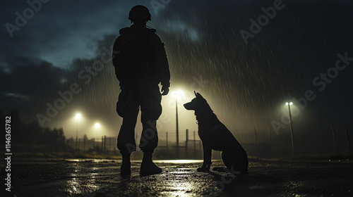 soldier and K9 dog are silhouetted against bright floodlights on rainy night, evoking sense of duty and companionship. scene is dramatic and atmospheric