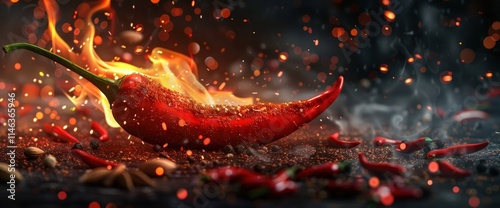 Flaming red chili pepper on dark background with spices.