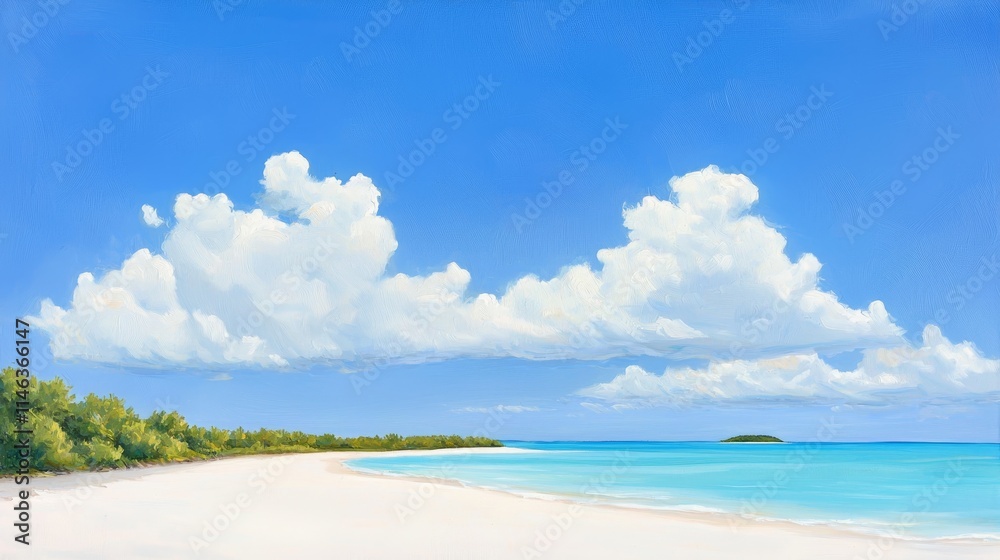 An isolated shore with pure white sand and sparkling turquoise waters. An isolated shore with pure white sand and sparkling turquoise waters.