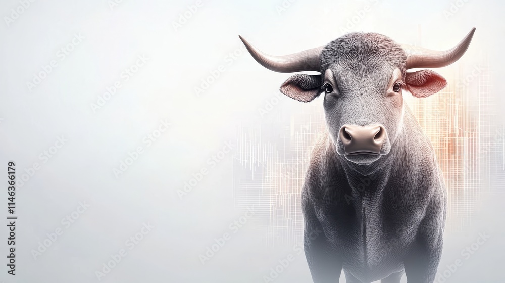 Naklejka premium A close-up of a strong bull against a soft background, showcasing its powerful presence and distinct features.