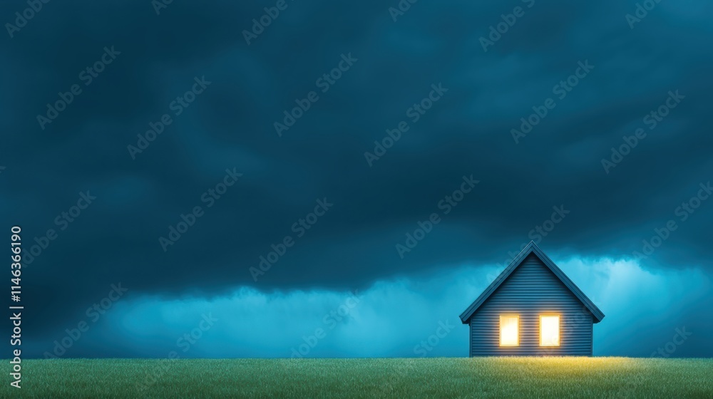 A solitary house glows warmly against a dark, stormy sky, creating a contrast between safety and the impending storm. A solitary house glows warmly against a dark, stormy sky, creating a contrast between safety and the impending storm.