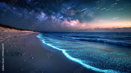 Glowing bioluminescent waves on a beach at night under a stunning Milky Way galaxy with shooting stars.