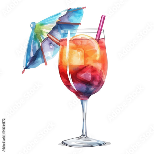 A watercolor painting of a colorful cocktail with a small umbrella, isolated on a white background. Cocktail vector.
