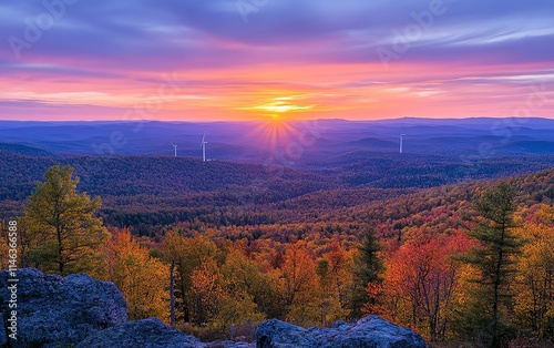 sunset over wind turbines in forestcovered mountains, tranquil landscape, vibrant sky hues, renewable energy, turbines turning in harmony with nature photo