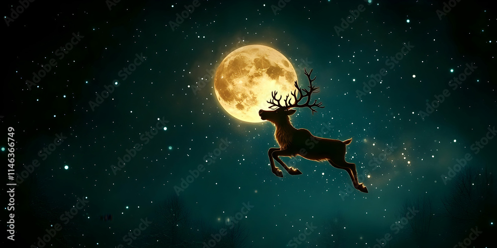 Reindeer Leaps Across Night Sky, Moonlit Wonder Reindeer Leaps Across Night Sky, Moonlit Wonder