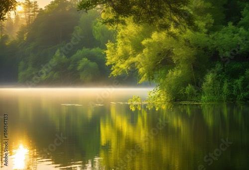 serene dawn reflections still lake water surfaces surrounded lush forestation natural tranquility, scenery, nature, calm, mirror, light, scenic, outdoor photo