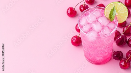 Refreshing Pink Cherry Lime Drink with Ice Cubes