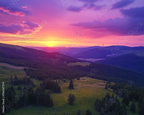 wind turbine farm at sunset, nestled in green forestcovered mountains, vibrant orange and purple skies, peaceful atmosphere, sustainable energy, natural beauty photo