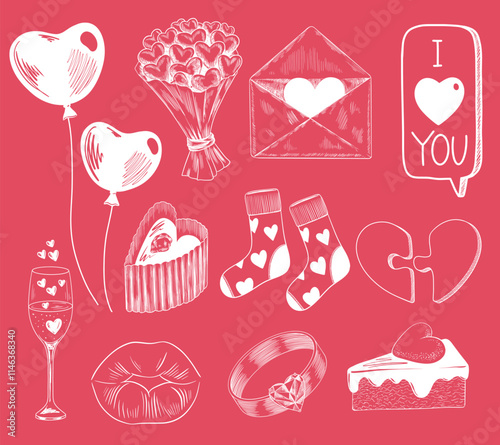 Set of Valentines day design elements. Sketch style balloons, envelope, chocolate, champagne, lips, cake, socks, speech bubble, bouquet of hearts. Hand drawn collection