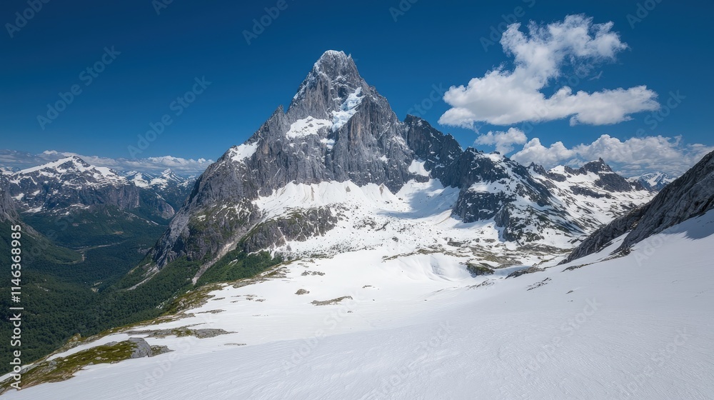 Obraz premium Majestic snow-capped mountain peak towers over a glacial valley under a bright blue sky with white clouds.