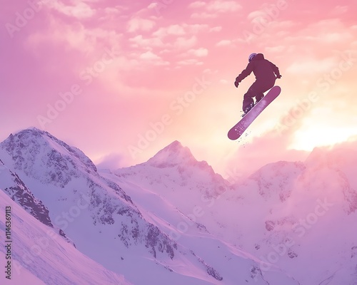 hobbies and leisure motion sports performance, Snowboarder Mid Air Against Glowing Pastel Sky