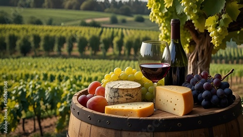 Glass of wine with cheese platter and grapes on table