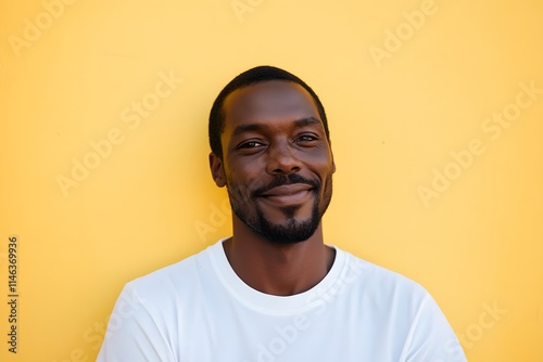 portrait of a smiling man wearing a white shirt in front of a yellow background with minimalist photography vibes