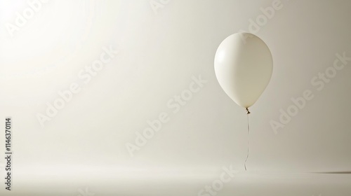 floating cream-colored balloon on thin string, monochromatic white environment, subtle gradient shadows, negative space design, editorial style photography, expansive copy space, professional