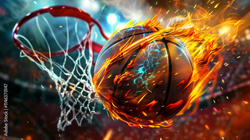 aerial photo in a basketball arena, a stunning macro portrait of a ball with electric sparks flying on the air