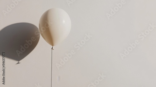 floating cream-colored balloon on thin string, monochromatic white environment, subtle gradient shadows, negative space design, editorial style photography, expansive copy space, professional