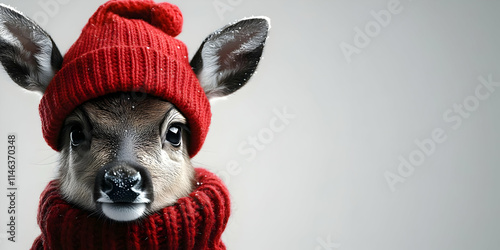 Adorable Fawn in Red Winter Hat & Scarf