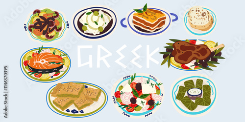 Greek Traditional Food Set. Greek Cuisine. Cute retro stickers of traditional cuisine, greek salad, moussaka, dolma, spanakopita, feta cheese, seafood. Greek traditional elements