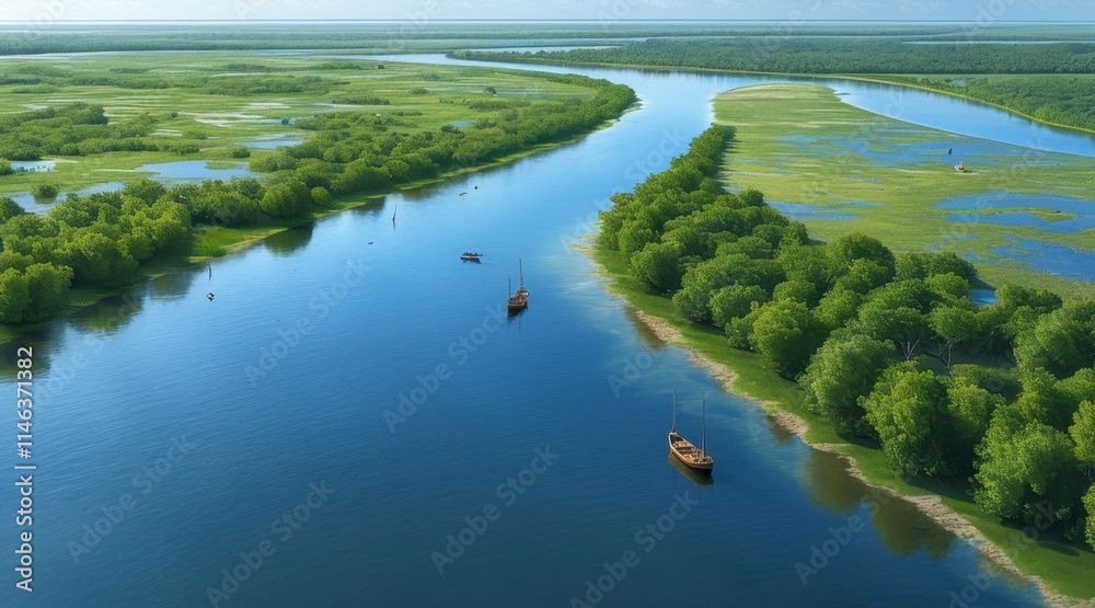 Aerial View of River Delta with Natural Patterns . Aerial View of River Delta with Natural Patterns .