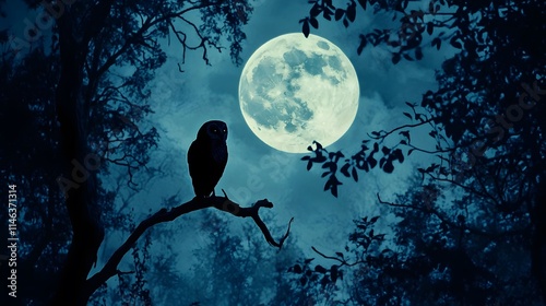 Silhouette of an owl perched on a branch under the full moon in a dark forest photo