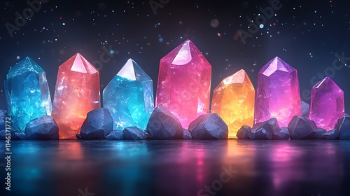 Sparkling multifaceted gemstones arranged in a rainbow spectrum on a glossy black surface