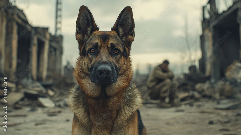 German Shepherd stands alert and focused in war torn urban environment, with soldier in background amidst ruins, evoking sense of loyalty and resilience German Shepherd stands alert and focused in war torn urban environment, with soldier in background amidst ruins, evoking sense of loyalty and resilience