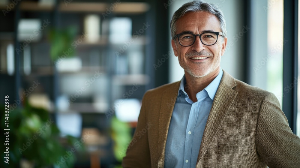 A confident senior businessman standing in an office. A confident senior businessman standing in an office.