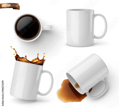 Vector realistic illustration of white ceramic coffee mugs on a white background.