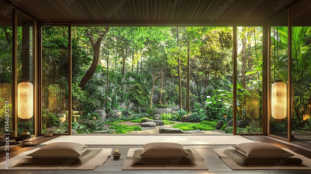 Fototapeta premium A luxury wellness retreat with a serene meditation garden, ideal for relaxation and rejuvenation