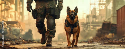 German Shepherd wearing tactical goggles walks confidently beside soldier in military gear through post apocalyptic urban environment, evoking sense of resilience and teamwork photo