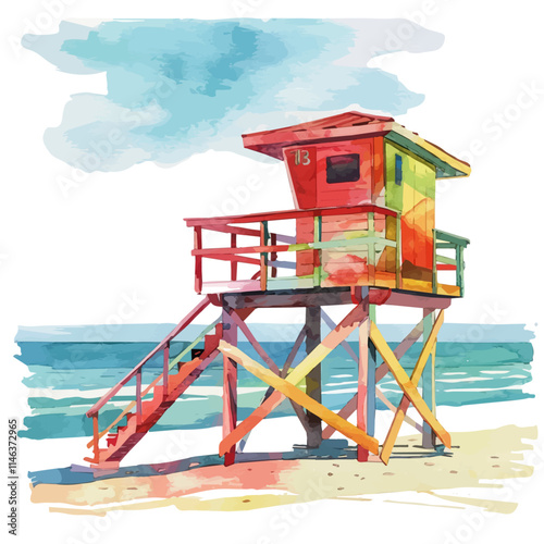 A watercolor painting of a colorful lifeguard tower on the beach, isolated on a white background. Lifeguard tower vector.
