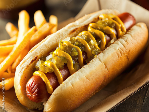 Enjoying a Delicious Hot Dog Topped With Mustard and Relish, Complemented by Crispy Fries at a Summer Barbecue Gathering. Generative AI