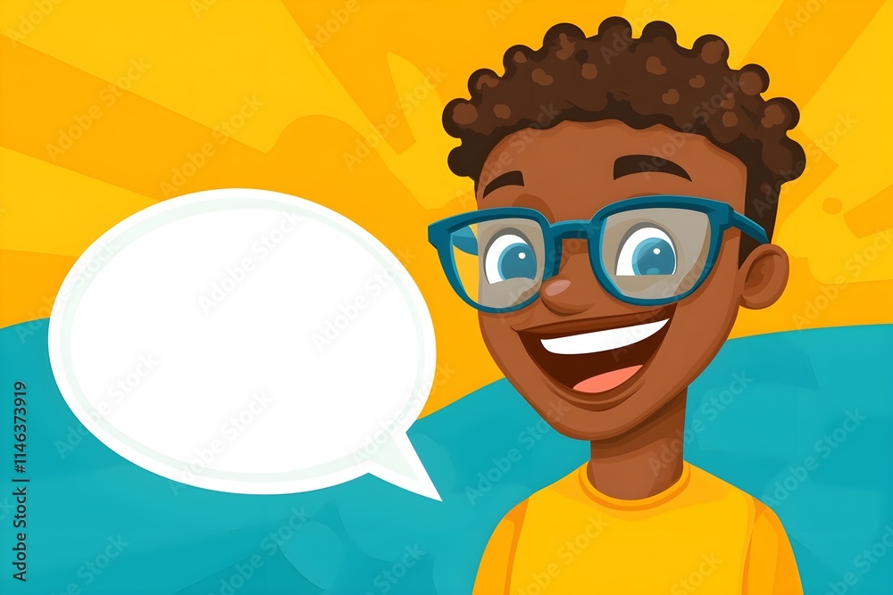 A cartoon boy with glasses is smiling and looking at the camera